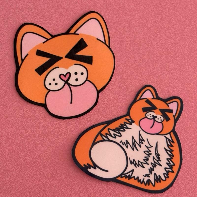 Pack of 6 Artist Made Orange Cat Waterproof Laminated Stickers Cute Fun High Quality Human Made